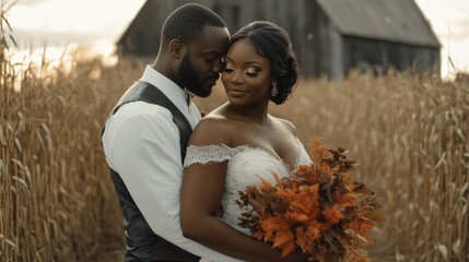 Autumn wedding day of beautiful young adult black couple, bride and groom in elegant festive clothes against fall yellow and crimson landscape outdoors, AI generated image
