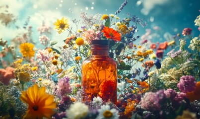 A vibrant explosion of herbs and flowers emerging from an apothecary bottle