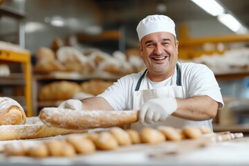 A joyful baker proudly presenting freshly baked bread to customers, portraying happiness, customer service, and satisfaction in a bustling bakery environment.
