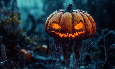 Cinematic Halloween pumpkin head with jellyfish in a graveyard, AI generated illustration