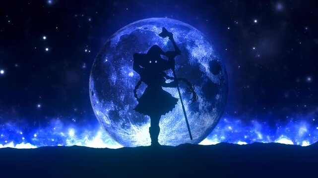anime witch with a staff against the background of the moon, anime wallpaper