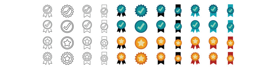 Approved or certified badge medal icon set. Approval check mark and thumb up on medal. Containing quality, brand, stamp, inspector checking, award, reward, winner, prize. Vector illustration