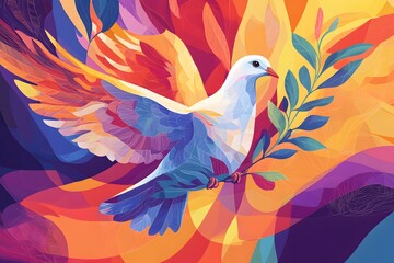 Fototapeta premium A stylized dove with blue and purple wings, holding a green branch, against a colorful, abstract background.