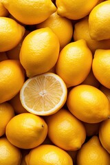 A vibrant image showcasing a collection of fresh yellow lemons prominently displaying a single sliced lemon amidst the whole ones, highlighting their juicy texture.