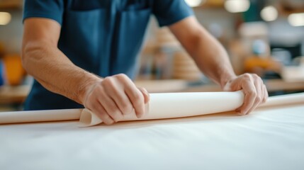 A focused craftsman expertly rolling a length of white fabric across a wooden work surface in a sunlit workshop, representing precision, skill and craftsmanship.