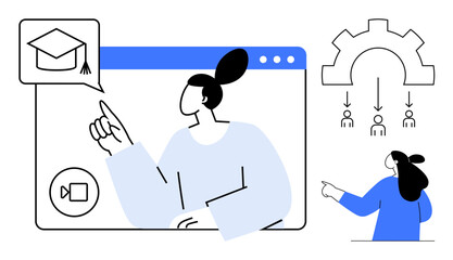 Person pointing at online education platform, symbolized by a graduation cap. Also shows a team collaboration with individuals connected under a cogwheel. Ideal for education, remote work, teamwork