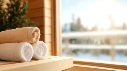 Rolled towels sit neatly stacked in a sunlit sauna room, offering a view of peaceful surroundings through a large window, suggesting ultimate relaxation and luxury.