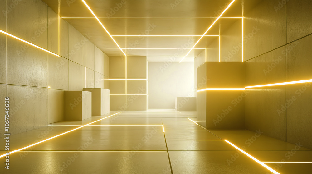 Poster golden-lined corridor casting intricate shadows in a minimalist architectural space