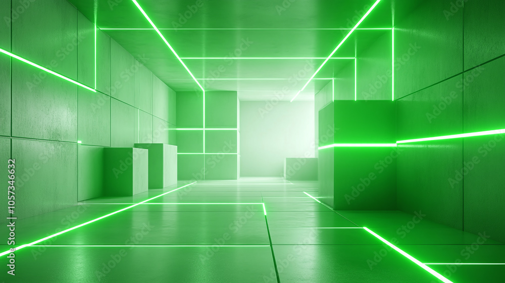 Poster exploring a futuristic neon-lit hallway with illuminated green lines enhancing modern architecture