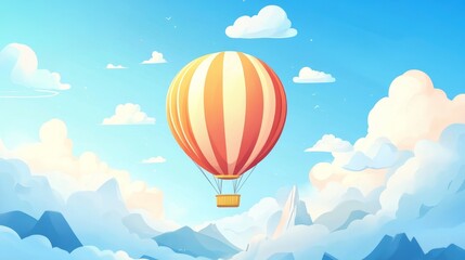 Fototapeta premium A brightly colored hot air balloon gracefully floats among fluffy clouds and towering mountain peaks, symbolizing adventure, freedom, and exploration in a pristine sky.