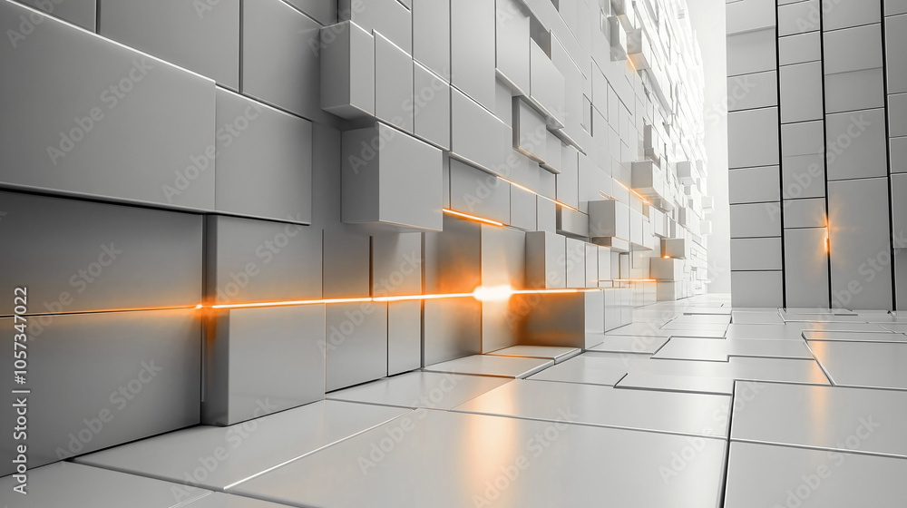 Poster a futuristic corridor of glowing blocks in a minimalist space during an ethereal light display