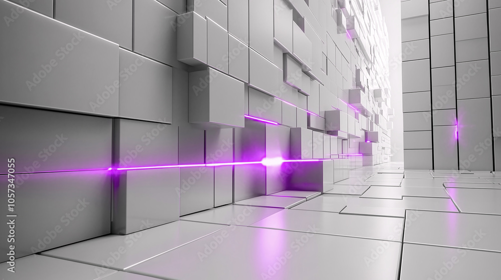 Poster exploring a futuristic corridor illuminated by glowing purple lines and sleek geometric patterns
