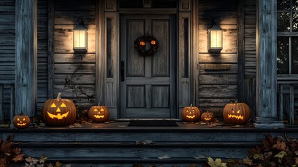 Obraz premium Charming front porch adorned with Halloween pumpkins and lanterns, creating a cozy autumn night scene, AI generated illustration