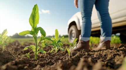 An image showing the close-up of a young plant sprouting alongside boots in cultivated soil, representing growth, nurturing, and the farming journey.