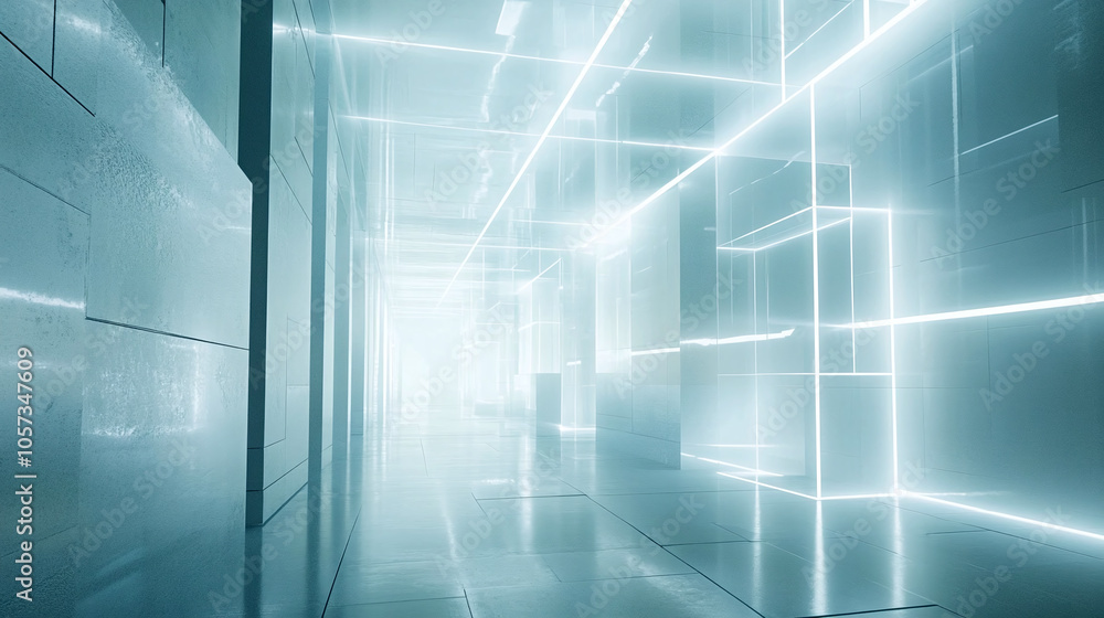 Poster a futuristic corridor illuminated by glowing lines, creating an ethereal atmosphere at dusk