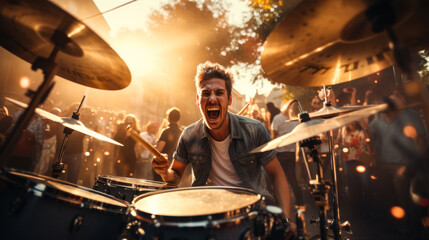 Drummer performing at outdoor concert with energetic crowd