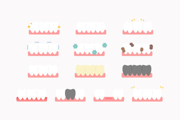 Teeth icon set. Clean and sick tooth. Healthcare, dental, medicine, treatment, hygiene, oral care concepts. Flat vector design isolated illustration.