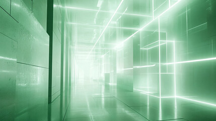 Fototapeta premium A Vibrant Neon Green Corridor Illuminated by Glowing Lines in a Futuristic Digital Environment