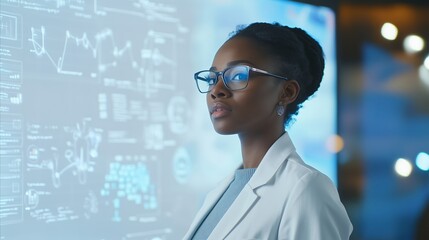 Woman wearing glasses is looking at a computer screen with a lot of data on it