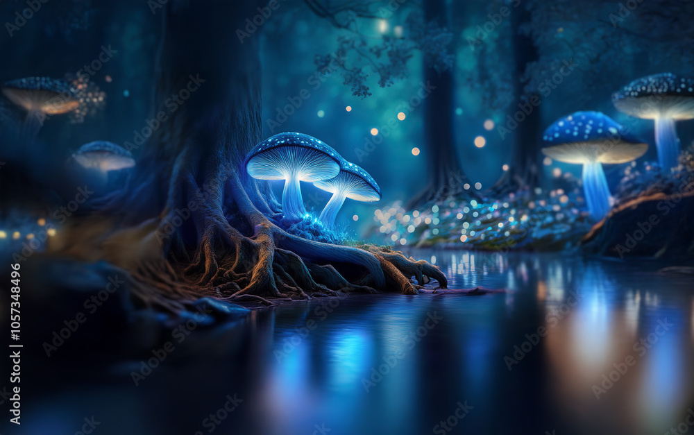 Poster glowing mushrooms illuminate a dark forest, their luminescence reflecting in a still pool of water.