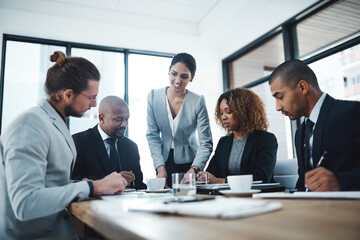 Presentation, conversation and smile in meeting, group and document of financial report, team and boardroom. Office, talking and corporate people with communication, colleagues and insurance company