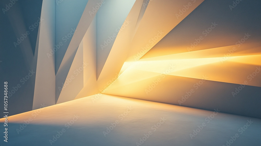 Poster abstract light rays creating dynamic patterns in a modern architectural space at dusk