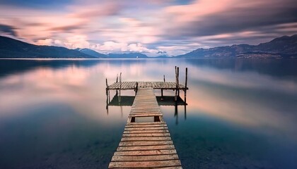 pequeño viejo embarcardadero,  en medio de un lago tranquilo