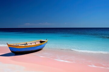 Naklejka premium a small boat anchored on a pink beach with deep blue sea, representing a peaceful and healing vacation with generative ai