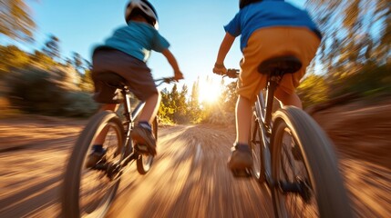 Two children are energetically cycling down a forest path toward the setting sun. Their silhouettes contrast against the vibrant orange hues of the sunset.