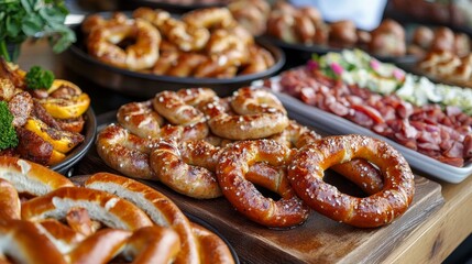 A close-up view of golden brown pretzels, sprinkled with coarse salt, emphasizing their soft interior and crispy crust as delightful baked treats.