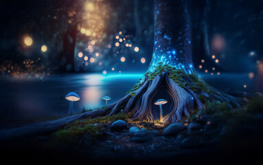 A glowing tree with roots exposed on a dark, mossy shore with bioluminescent mushrooms and an ethereal light floating in the air.