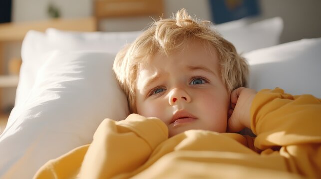 A young child with blond hair reclines thoughtfully on a white pillow, surrounded by a peaceful bedroom setting, exuding a sense of calm and introspection.