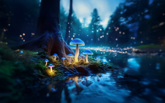 A cluster of glowing mushrooms illuminate the forest floor near a tranquil stream, surrounded by a mystical glow.