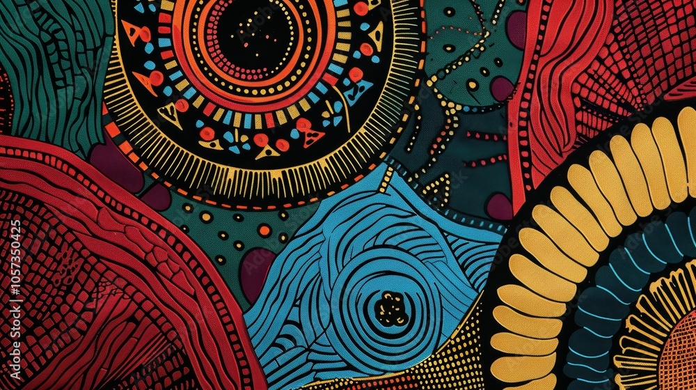 Poster an intricate abstract art piece featuring a mesmerizing array of circles and line patterns in vivid 