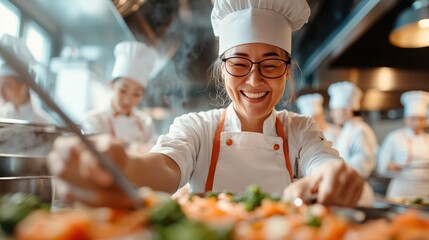 Several joyful chefs are enthusiastically preparing delicious dishes in a bustling kitchen, embodying teamwork, passion, and creativity in culinary arts.