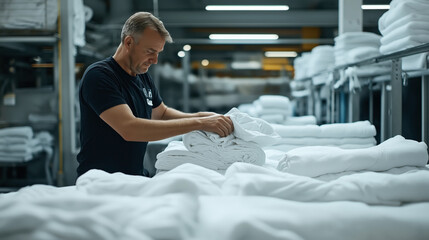 A man organizing folded white linens in an industrial laundry facility with shelves filled with neatly stacked towels in the background under fluorescent lighting.