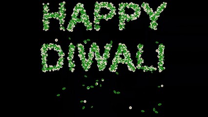 Happy Diwali text with green leaves and white daisy flowers on plain black background