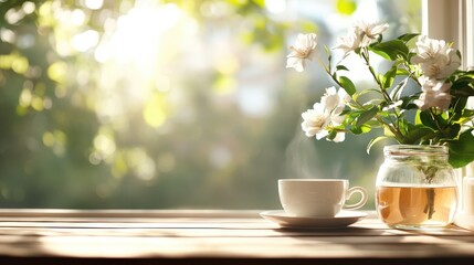 A delicate cup of tea on a table surrounded by white flowers, illuminated by soft, dappled sunlight through a nearby window, offering a peaceful, serene mood.