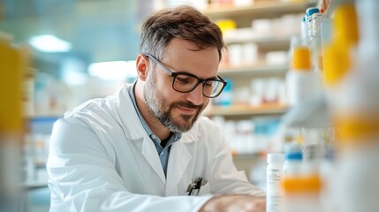 A male scientist, wearing glasses, immersed in research at a state-of-the-art laboratory, surrounded by shelves filled with various scientific tools and bottles.