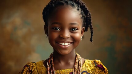 A cheerful Nigerian schoolgirl in traditional attire, radiating happiness with a simpl