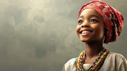 A cheerful Nigerian schoolgirl in traditional attire, radiating happiness with a simpl
