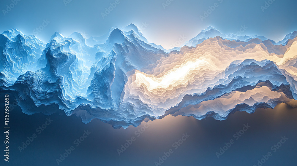 Poster artistic representation of layered mountains under a soft gradient light at dawn