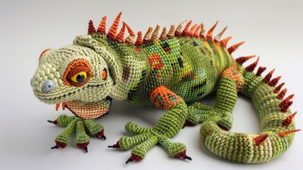 Obraz premium This stunning crochet iguana showcases intricate details with colorful scales and spikes. Its lifelike posture captures the essence of the wild in textile form.