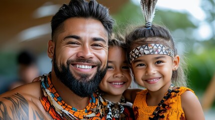A happy family poses together, wearing beautiful, traditional attire, highlighting cultural pride and unity, with big smiles during an outdoor festive gathering.