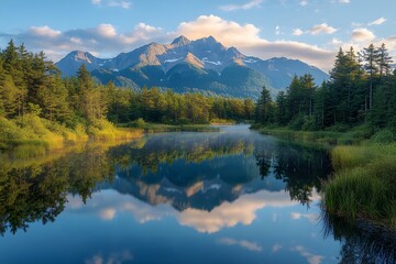 A serene mountain landscape reflecting in a calm lake surrounded by lush greenery.