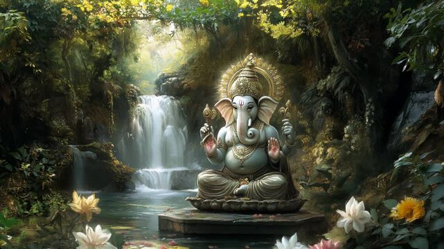 
Serene ganesha surrounded by tranquil nature, emanating peace and spirituality