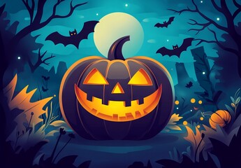 Spooky Halloween jack-o-lantern illustration with bats and ghostly glow, AI generated illustration
