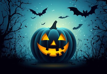 Spooky Halloween jack-o-lantern illustration with bats and ghostly glow, AI generated illustration