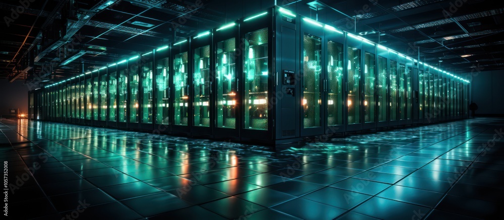 Aufkleber a modern data center with illuminated server racks and reflective flooring.