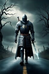 Naklejka premium knight with sword in the dark road